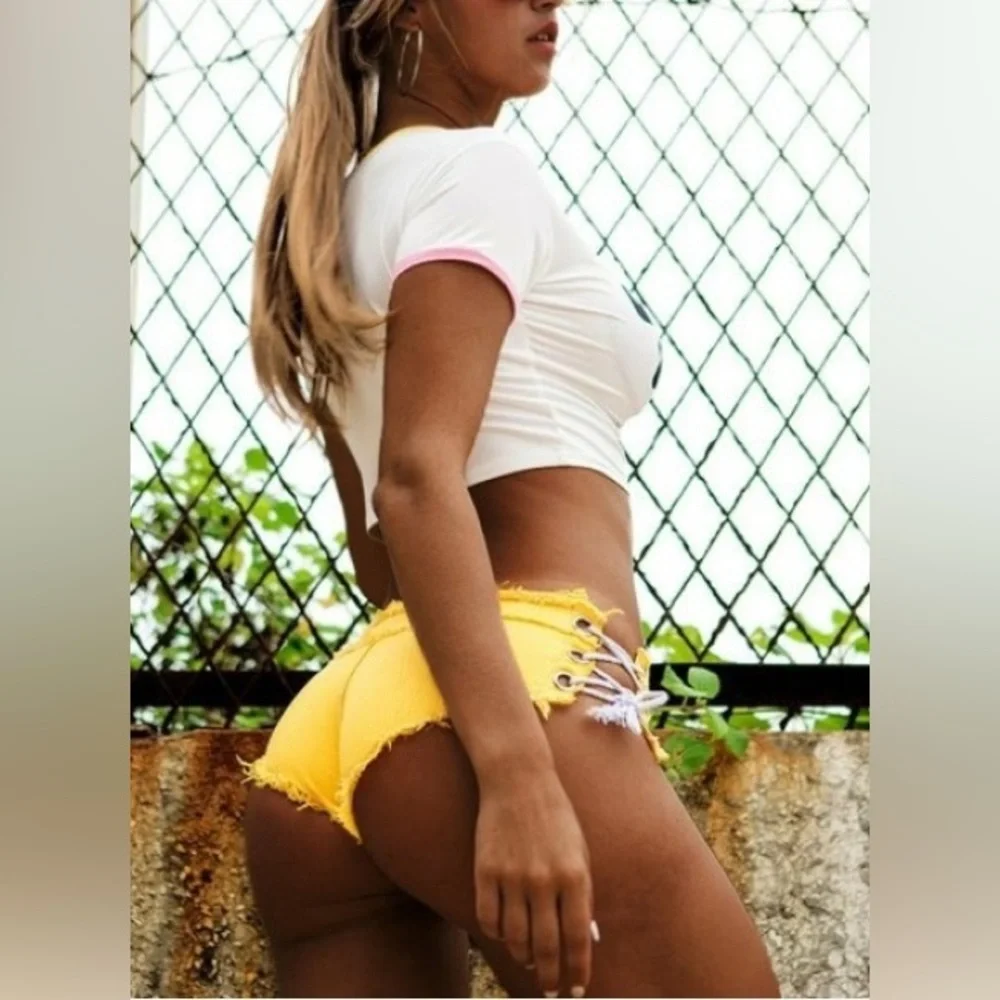 Yellow Short Shorts Sexy Design Shoestrings Lace Up Sides Raw Edge Denim Shorts